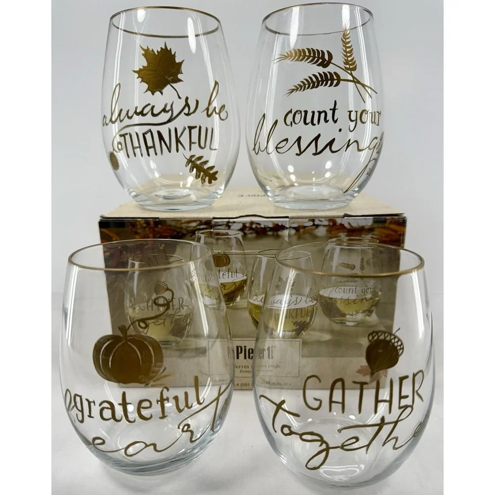 Pier 1 Imports Fall Stemless Wine Glasses Set of 4 Thanksgiving Hand Painted NIB
